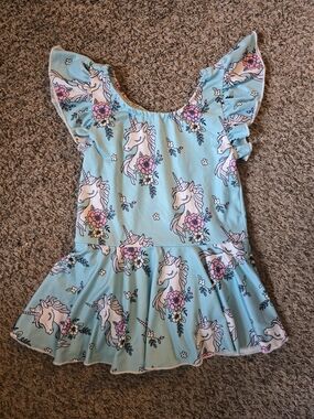 Girls' Light Blue Unicorn Floral Skirted Dance Leotard Size 100 (2-3T)